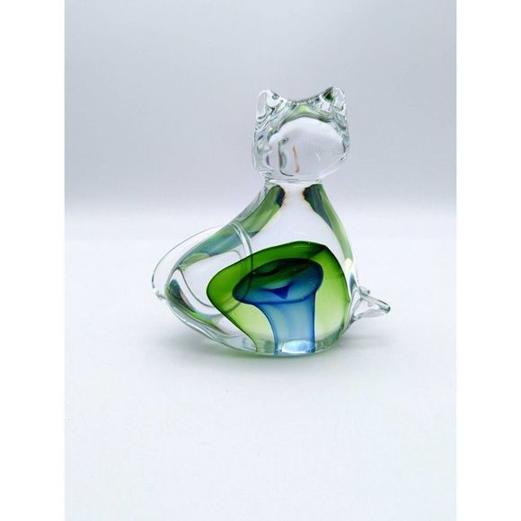 Art Glass Blue and Green Cat Figurine Curling Tail Paperweight - Picture 6 of 12